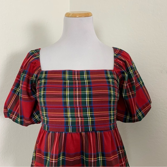 Francesca’s Plaid Peplum Smocked Puff Sleeve Top Sz S Red Holiday Short Sleeve - Picture 12 of 17